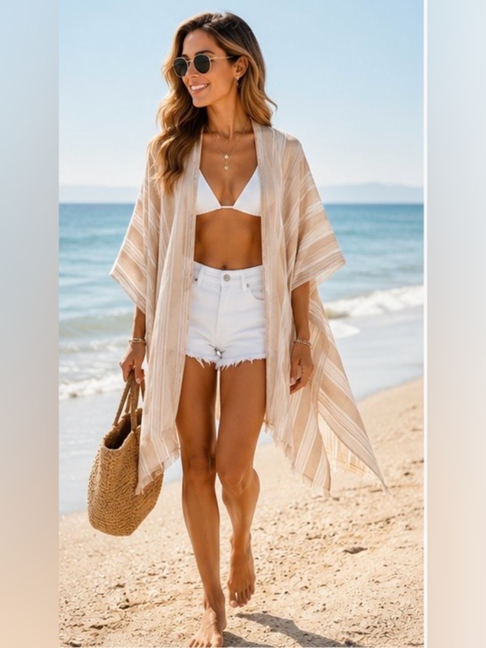Nordstrom Rack Beige & White Striped Gauze Ruana Cover-Up | One Size | NWT 🤎🏝️